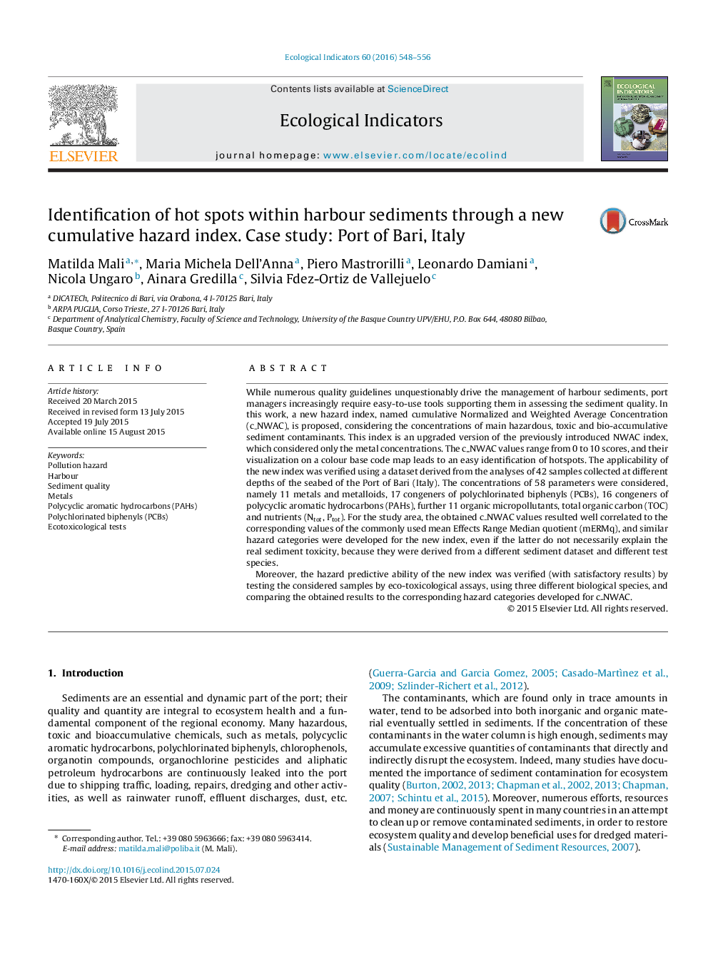 Identification of hot spots within harbour sediments through a new cumulative hazard index. Case study: Port of Bari, Italy