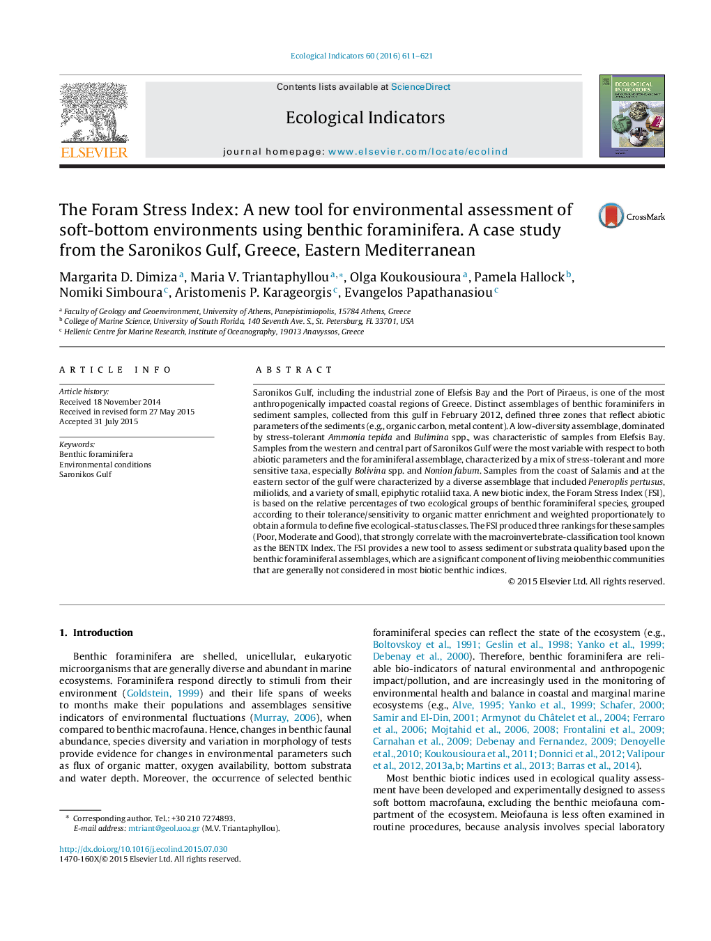 The Foram Stress Index: A new tool for environmental assessment of soft-bottom environments using benthic foraminifera. A case study from the Saronikos Gulf, Greece, Eastern Mediterranean