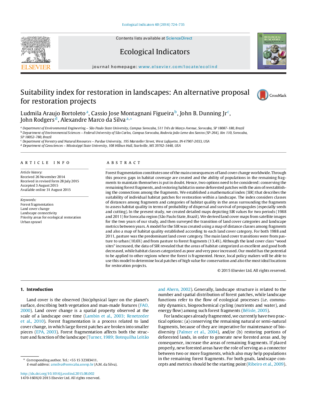 Suitability index for restoration in landscapes: An alternative proposal for restoration projects