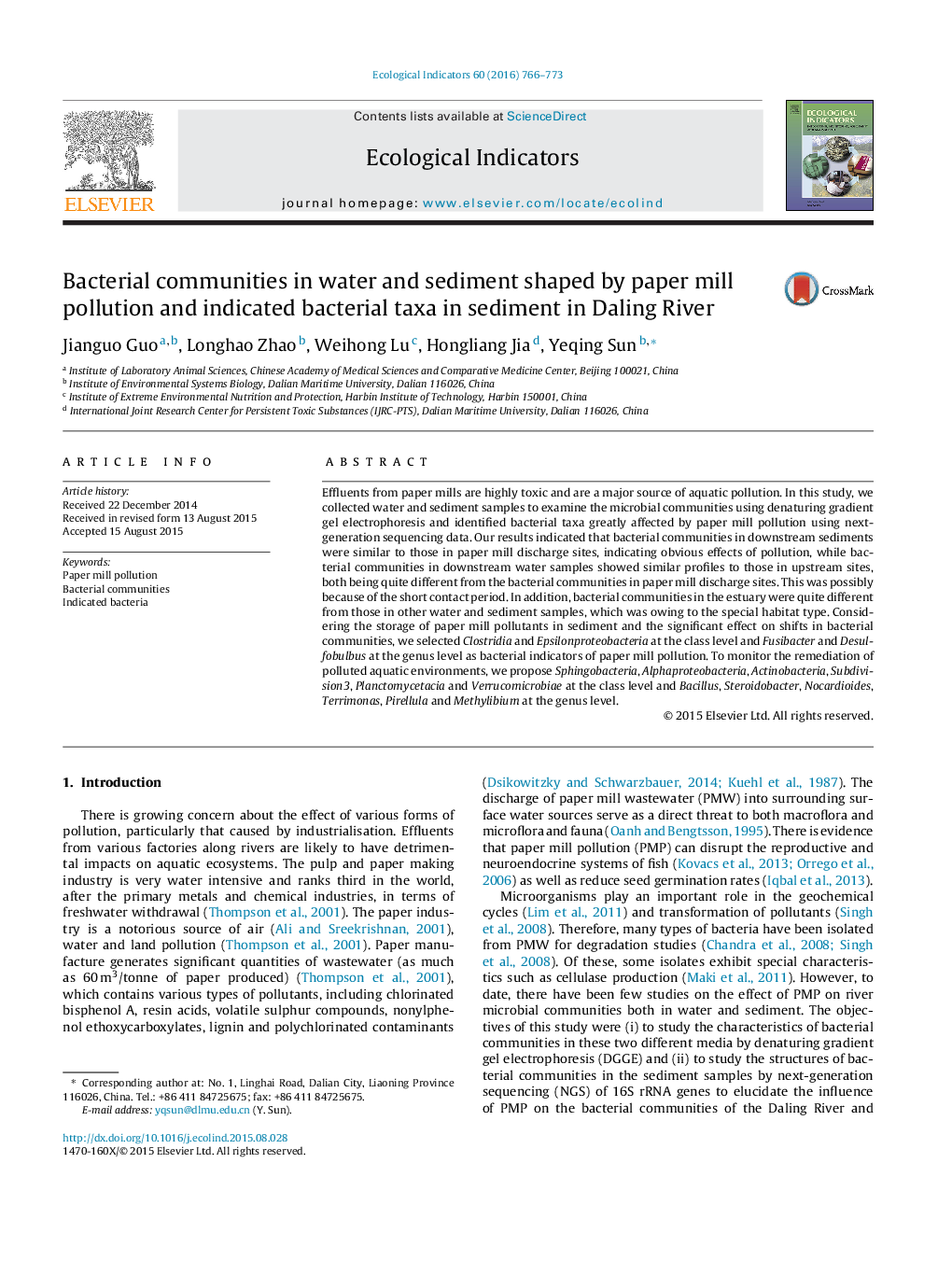 Bacterial communities in water and sediment shaped by paper mill pollution and indicated bacterial taxa in sediment in Daling River