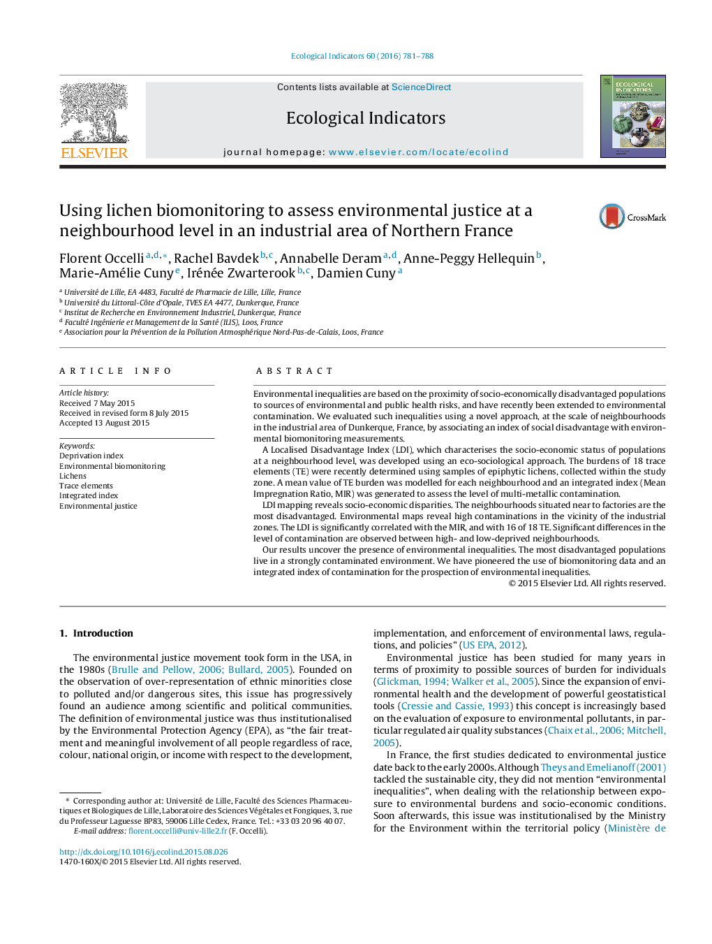 Using lichen biomonitoring to assess environmental justice at a neighbourhood level in an industrial area of Northern France