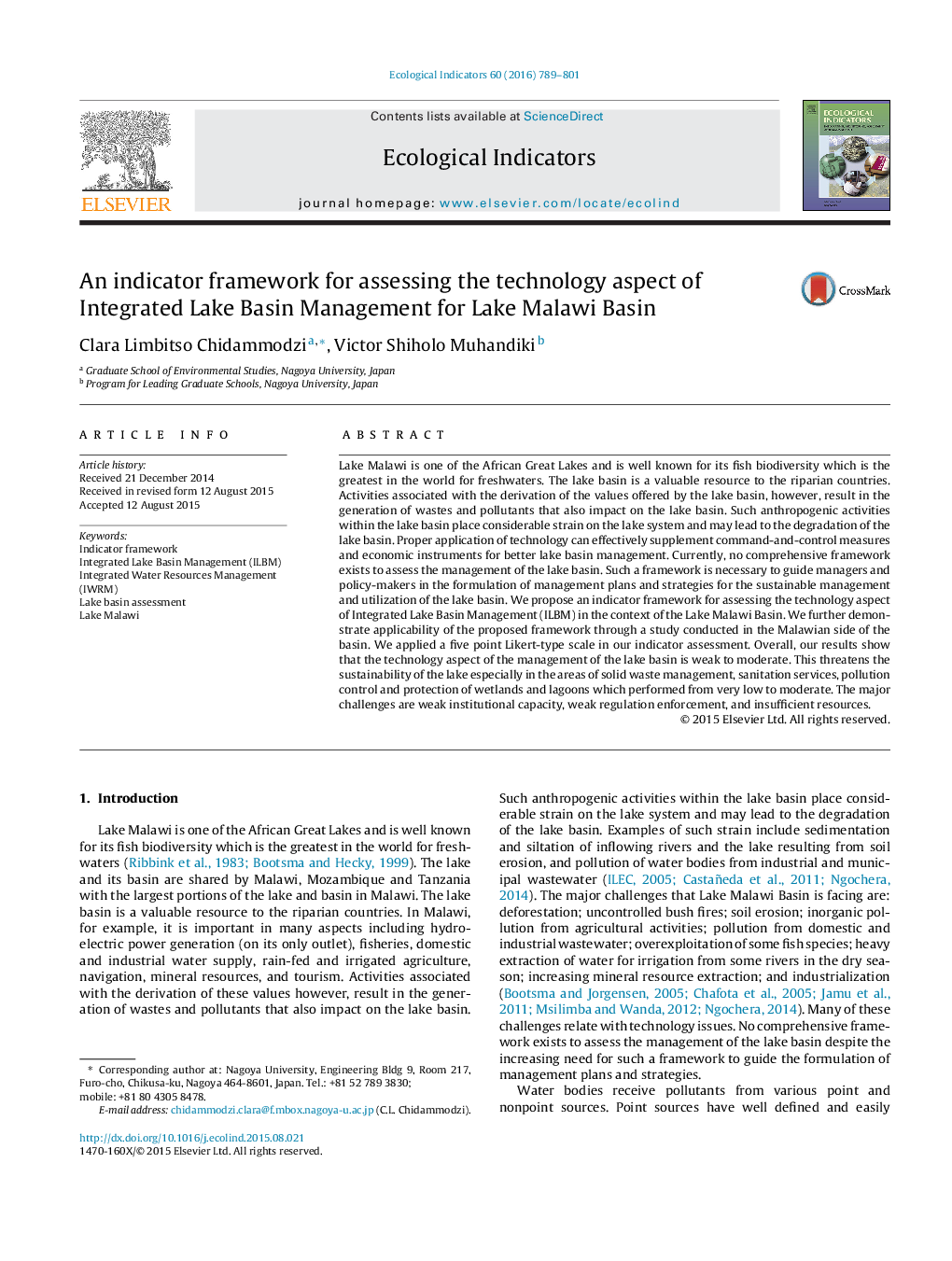 An indicator framework for assessing the technology aspect of Integrated Lake Basin Management for Lake Malawi Basin