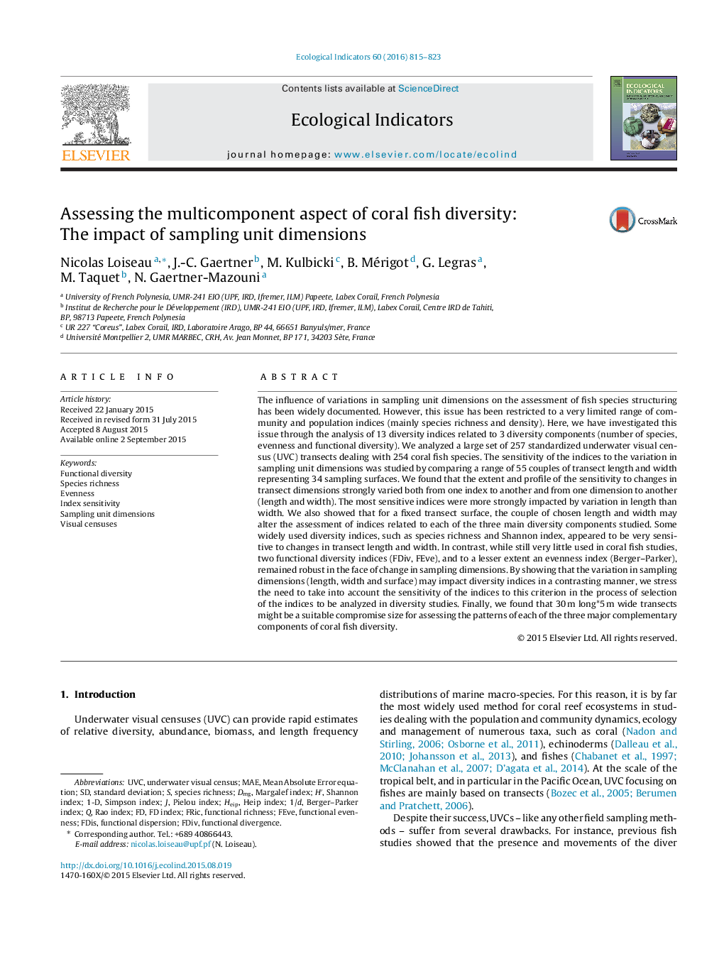 Assessing the multicomponent aspect of coral fish diversity: The impact of sampling unit dimensions