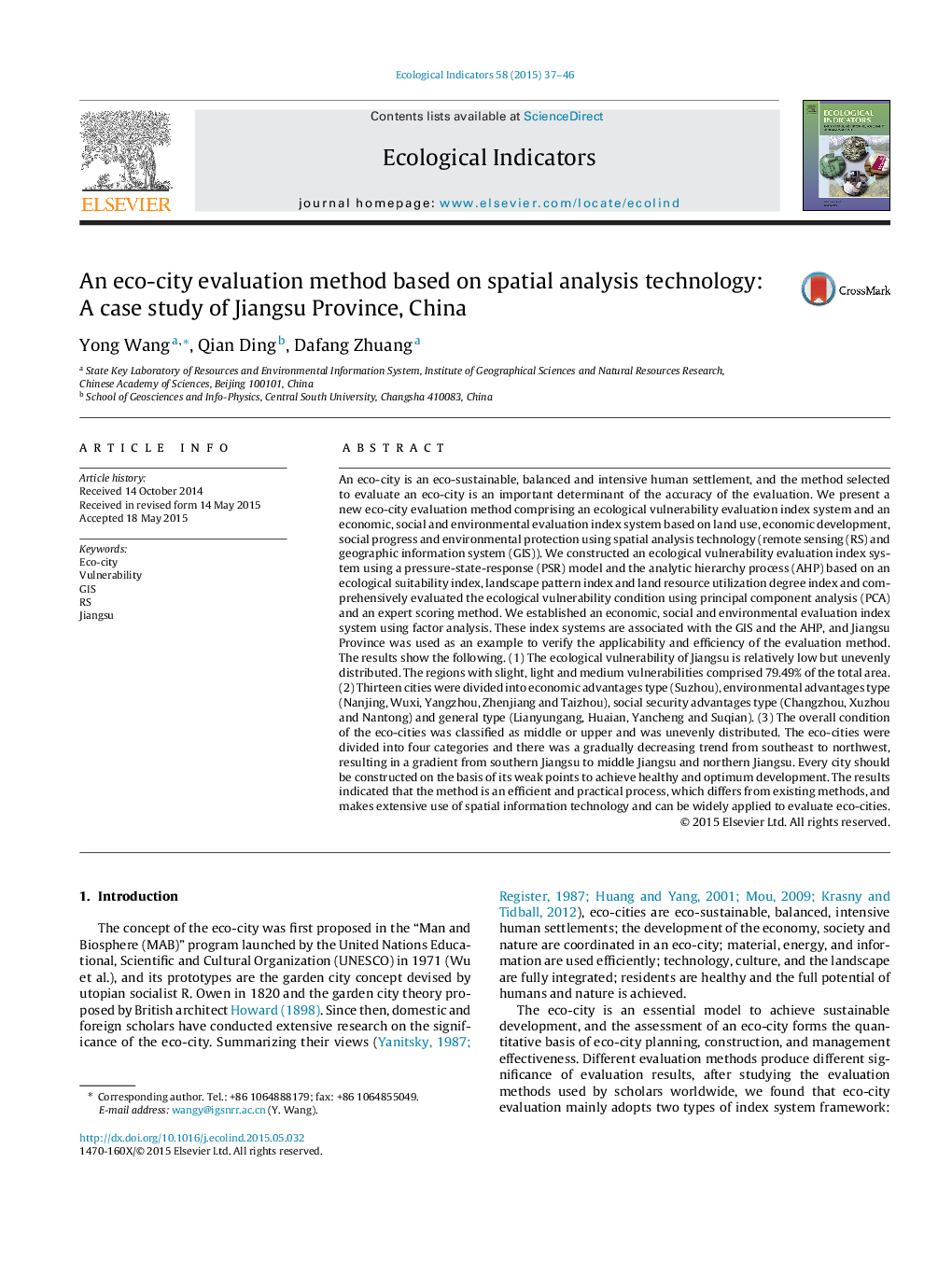 An eco-city evaluation method based on spatial analysis technology: A case study of Jiangsu Province, China