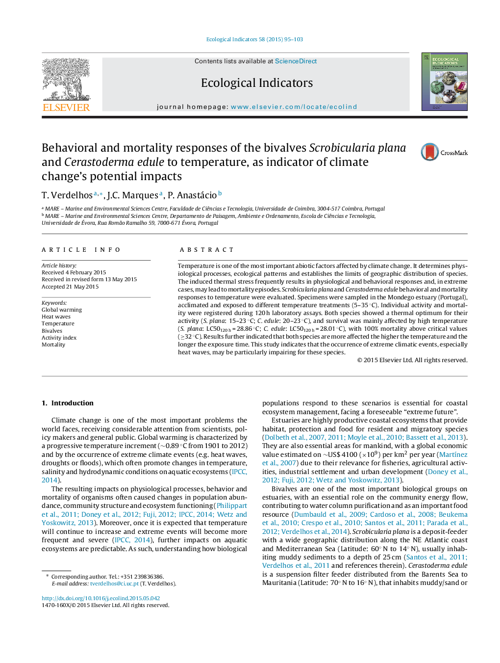 Behavioral and mortality responses of the bivalves Scrobicularia plana and Cerastoderma edule to temperature, as indicator of climate change's potential impacts