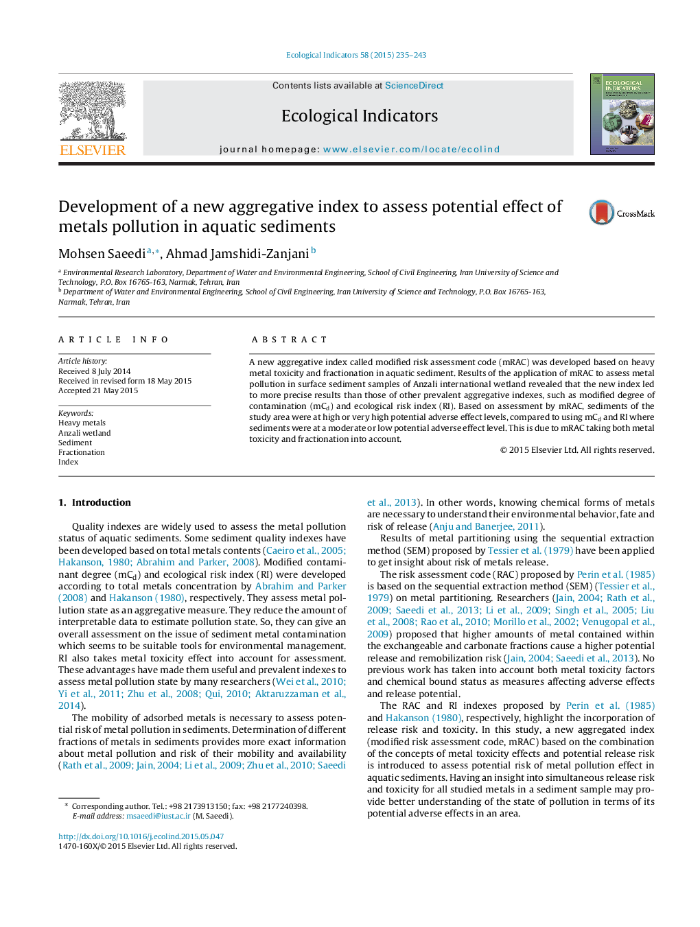 Development of a new aggregative index to assess potential effect of metals pollution in aquatic sediments