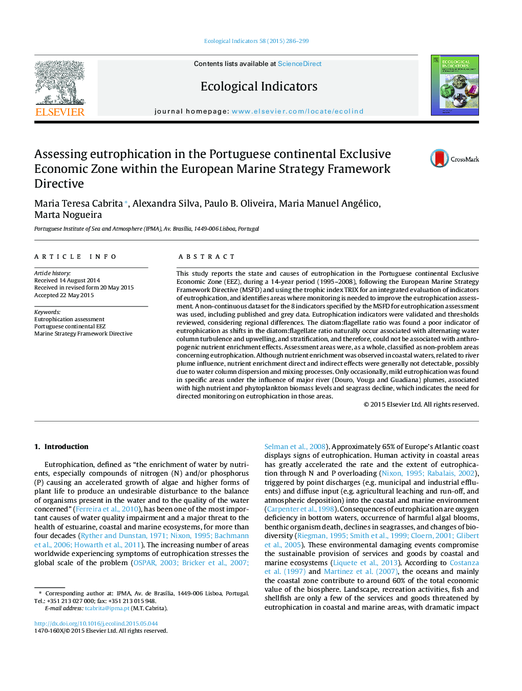 Assessing eutrophication in the Portuguese continental Exclusive Economic Zone within the European Marine Strategy Framework Directive