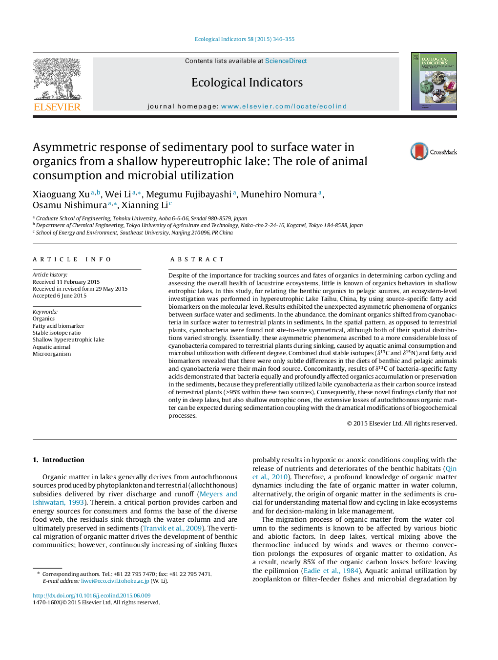 Asymmetric response of sedimentary pool to surface water in organics from a shallow hypereutrophic lake: The role of animal consumption and microbial utilization