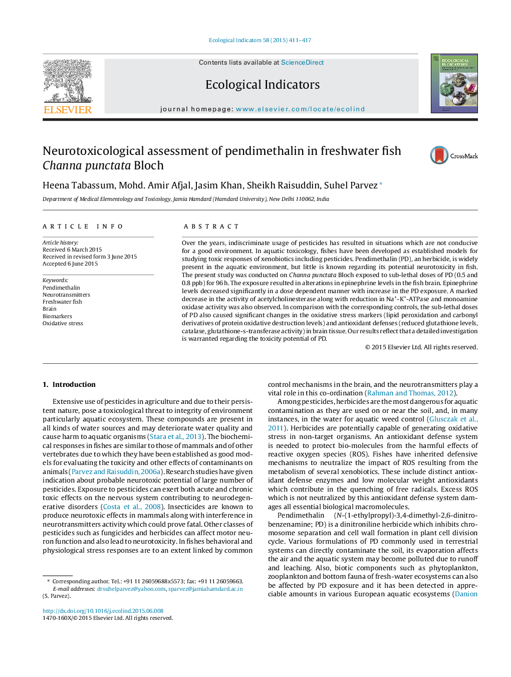 Neurotoxicological assessment of pendimethalin in freshwater fish Channa punctata Bloch