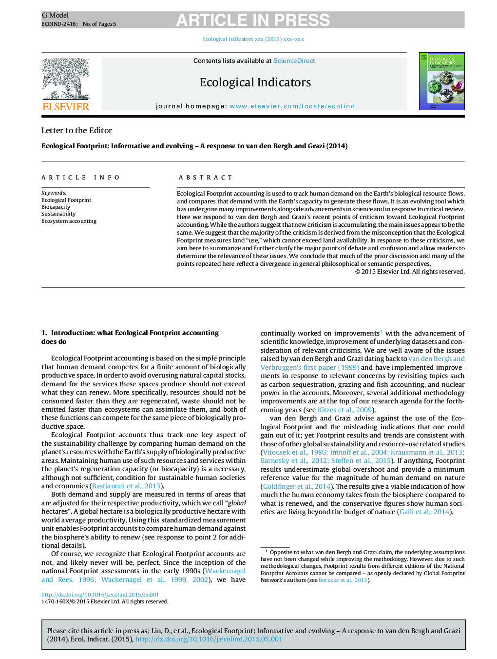 Ecological Footprint: Informative and evolving - A response to van den Bergh and Grazi (2014)