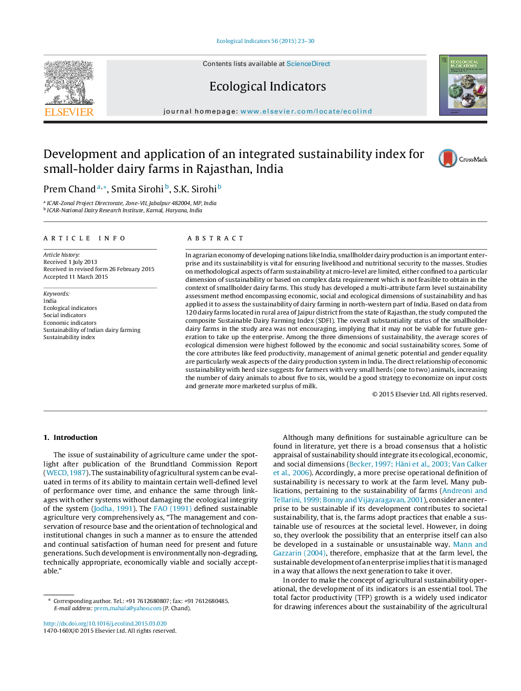 Development and application of an integrated sustainability index for small-holder dairy farms in Rajasthan, India