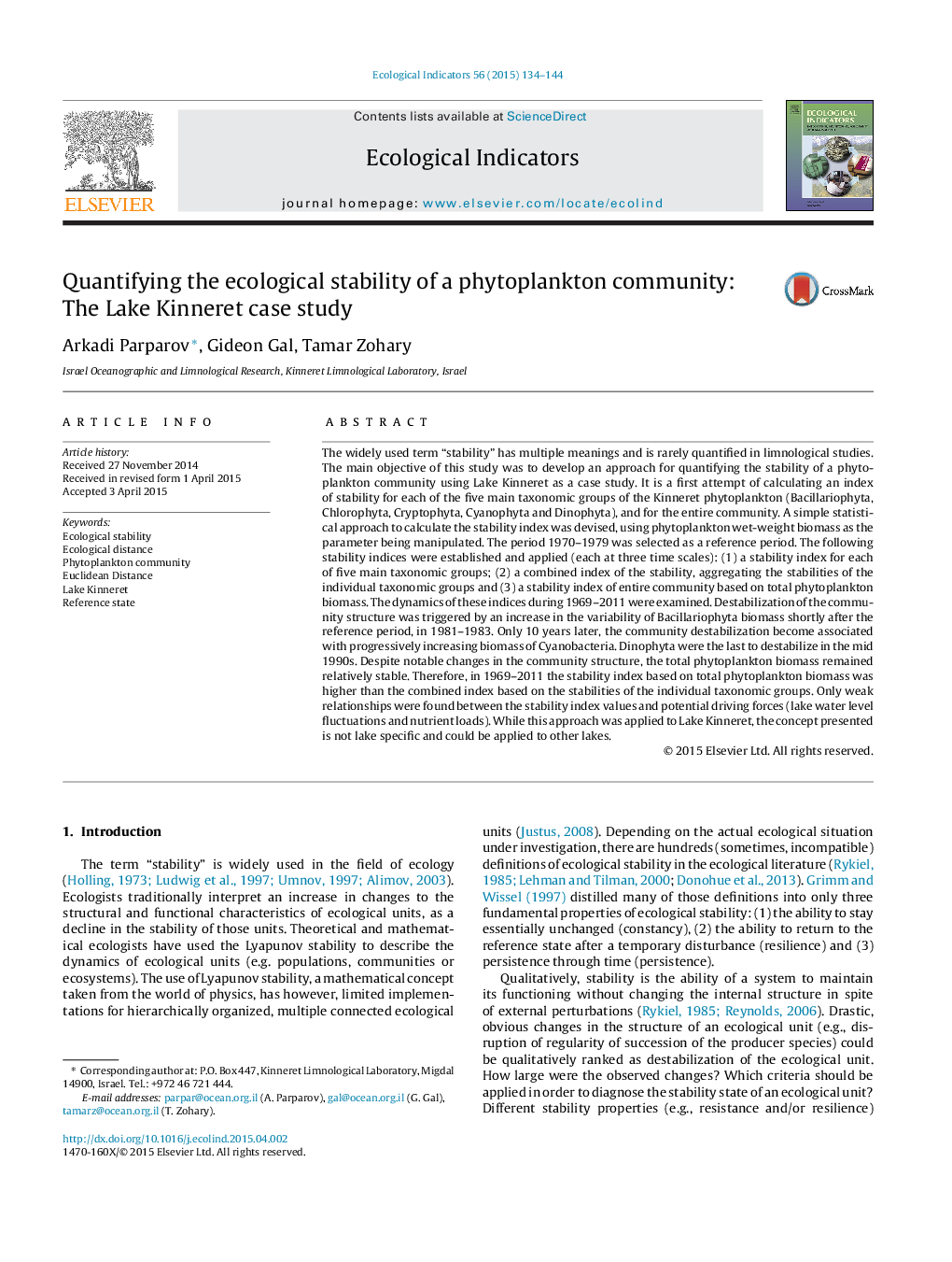 Quantifying the ecological stability of a phytoplankton community: The Lake Kinneret case study