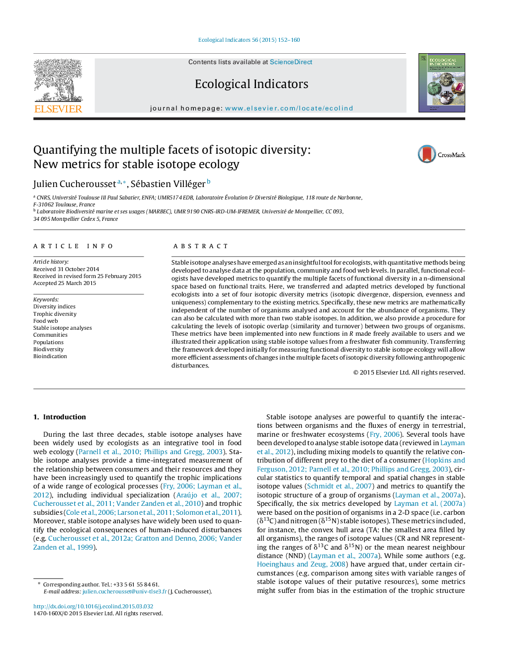 Quantifying the multiple facets of isotopic diversity: New metrics for stable isotope ecology