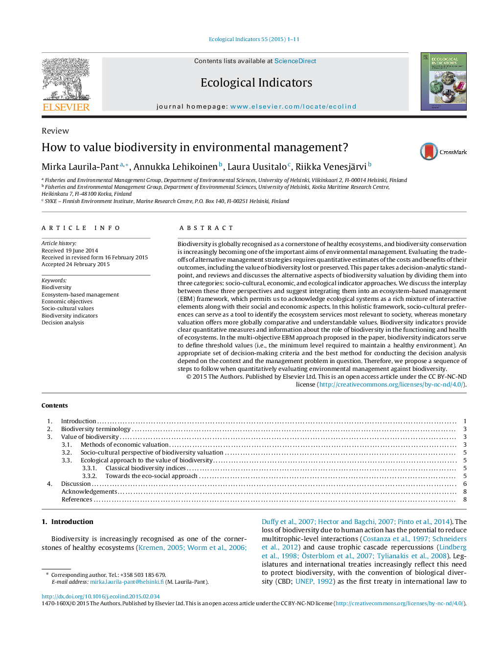 How to value biodiversity in environmental management?