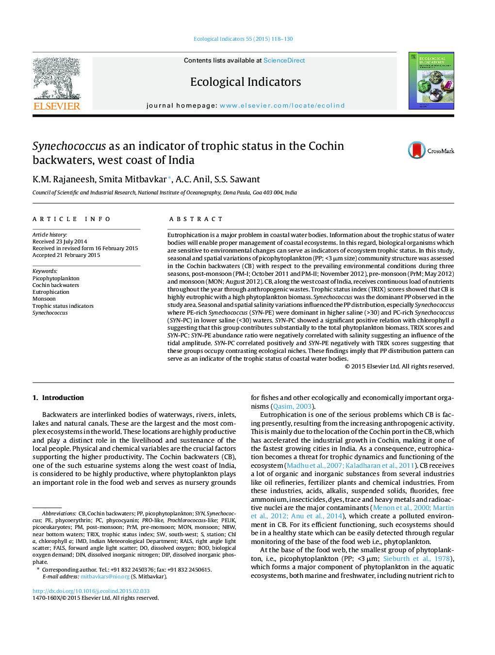 Synechococcus as an indicator of trophic status in the Cochin backwaters, west coast of India