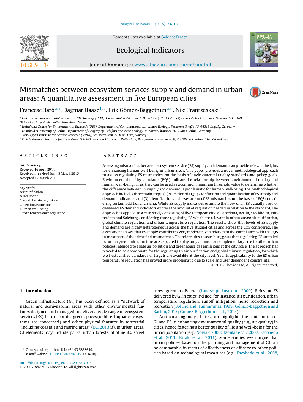 Mismatches between ecosystem services supply and demand in urban areas: A quantitative assessment in five European cities