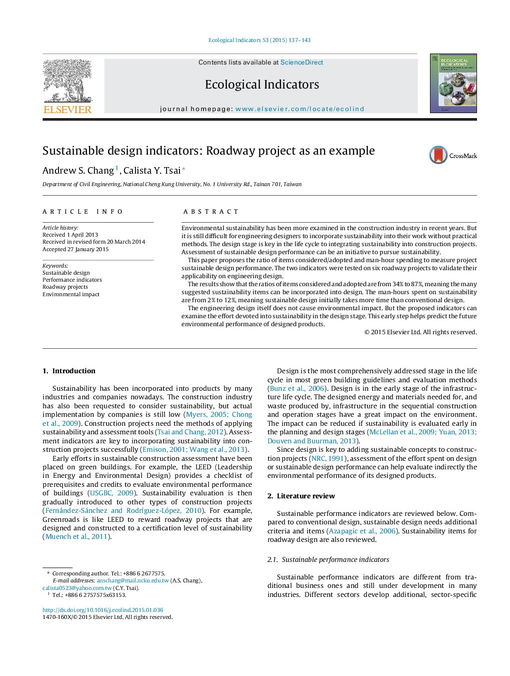 Sustainable design indicators: Roadway project as an example