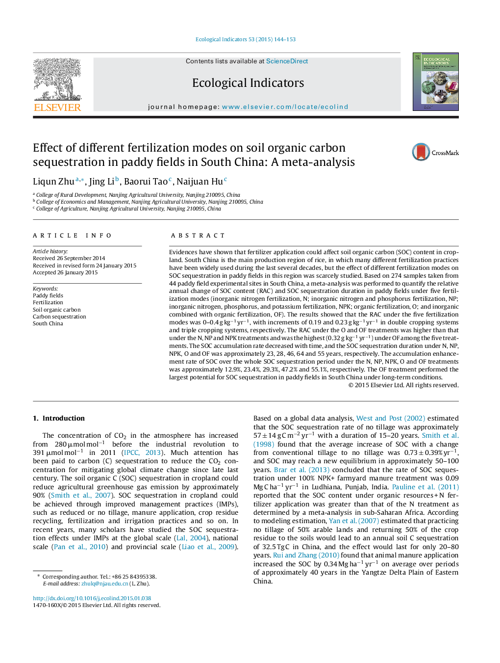 Effect of different fertilization modes on soil organic carbon sequestration in paddy fields in South China: A meta-analysis