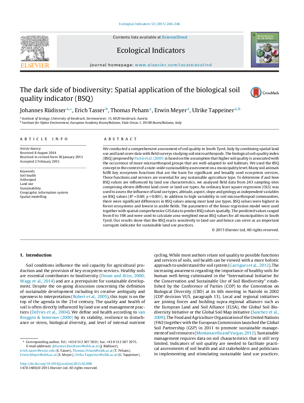 The dark side of biodiversity: Spatial application of the biological soil quality indicator (BSQ)