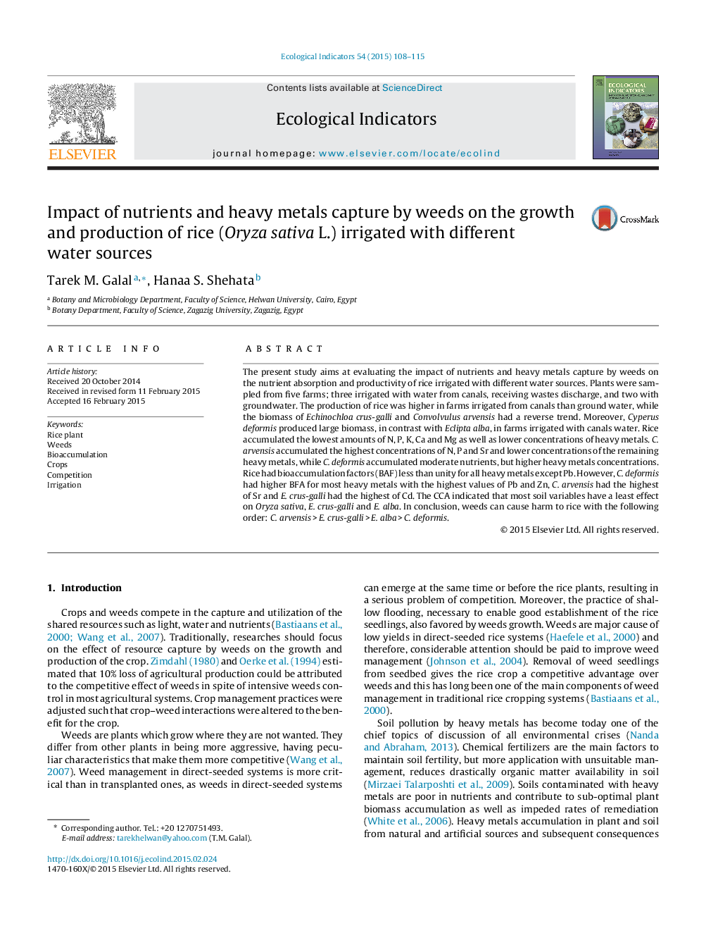 Impact of nutrients and heavy metals capture by weeds on the growth and production of rice (Oryza sativa L.) irrigated with different water sources