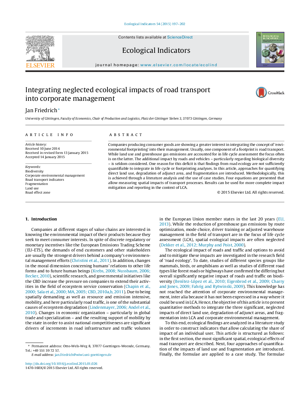 Integrating neglected ecological impacts of road transport into corporate management