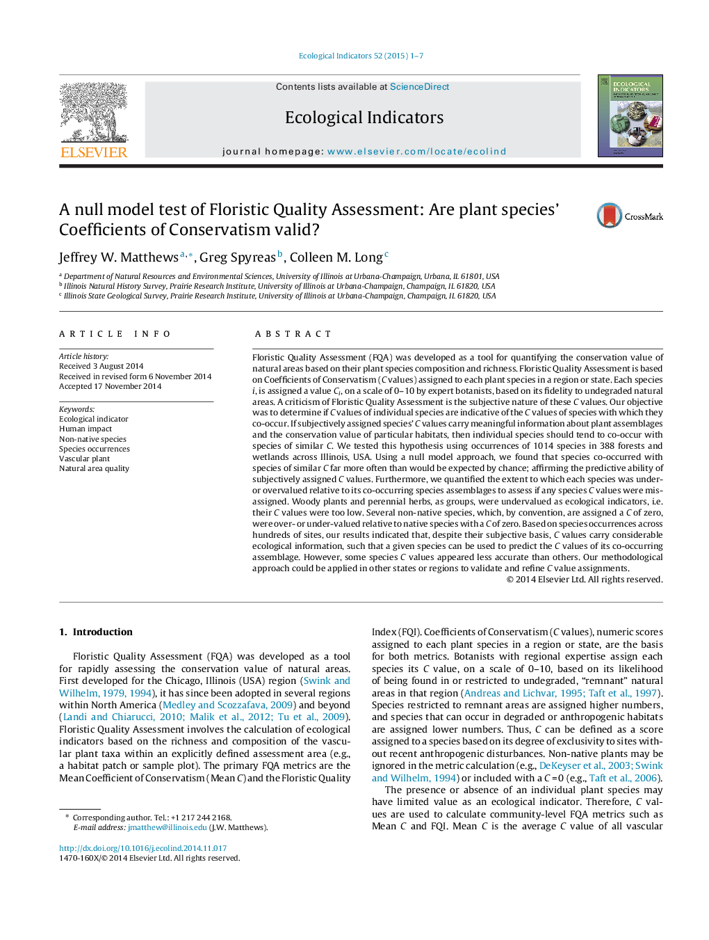 A null model test of Floristic Quality Assessment: Are plant species' Coefficients of Conservatism valid?