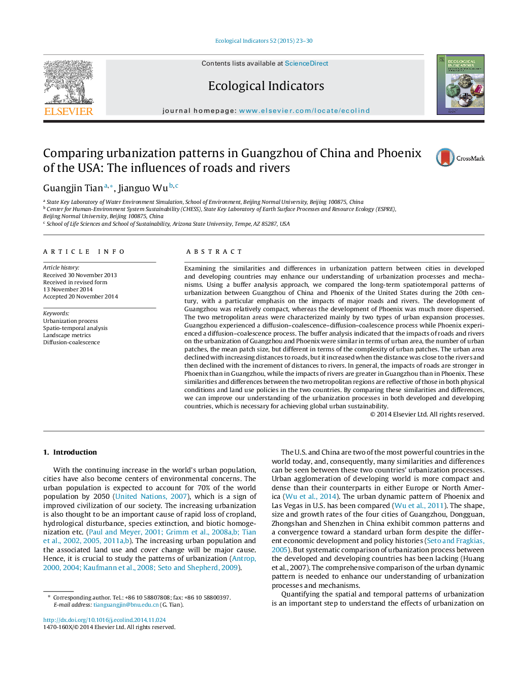 Comparing urbanization patterns in Guangzhou of China and Phoenix of the USA: The influences of roads and rivers