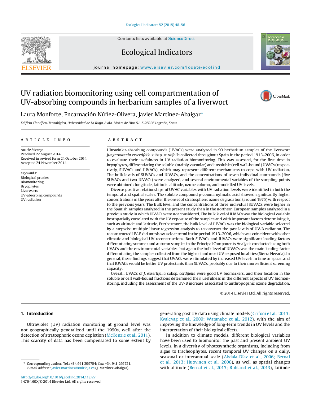 UV radiation biomonitoring using cell compartmentation of UV-absorbing compounds in herbarium samples of a liverwort