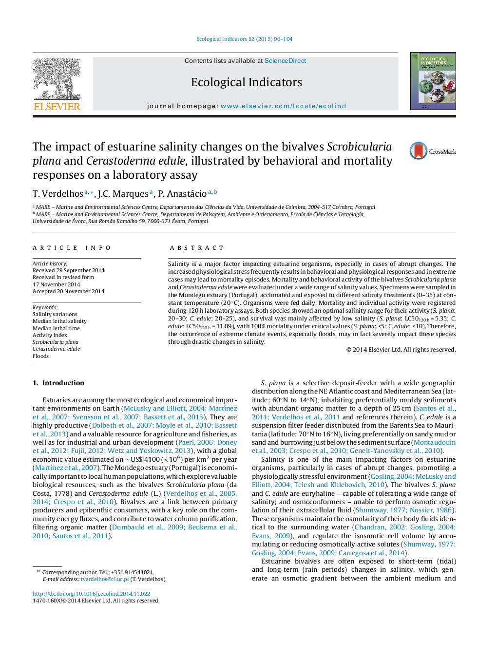 The impact of estuarine salinity changes on the bivalves Scrobicularia plana and Cerastoderma edule, illustrated by behavioral and mortality responses on a laboratory assay