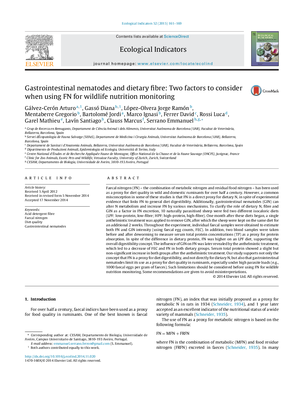 Gastrointestinal nematodes and dietary fibre: Two factors to consider when using FN for wildlife nutrition monitoring