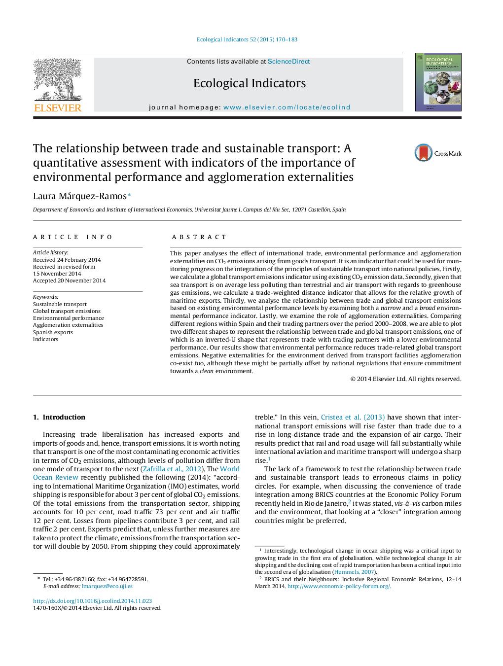 The relationship between trade and sustainable transport: A quantitative assessment with indicators of the importance of environmental performance and agglomeration externalities