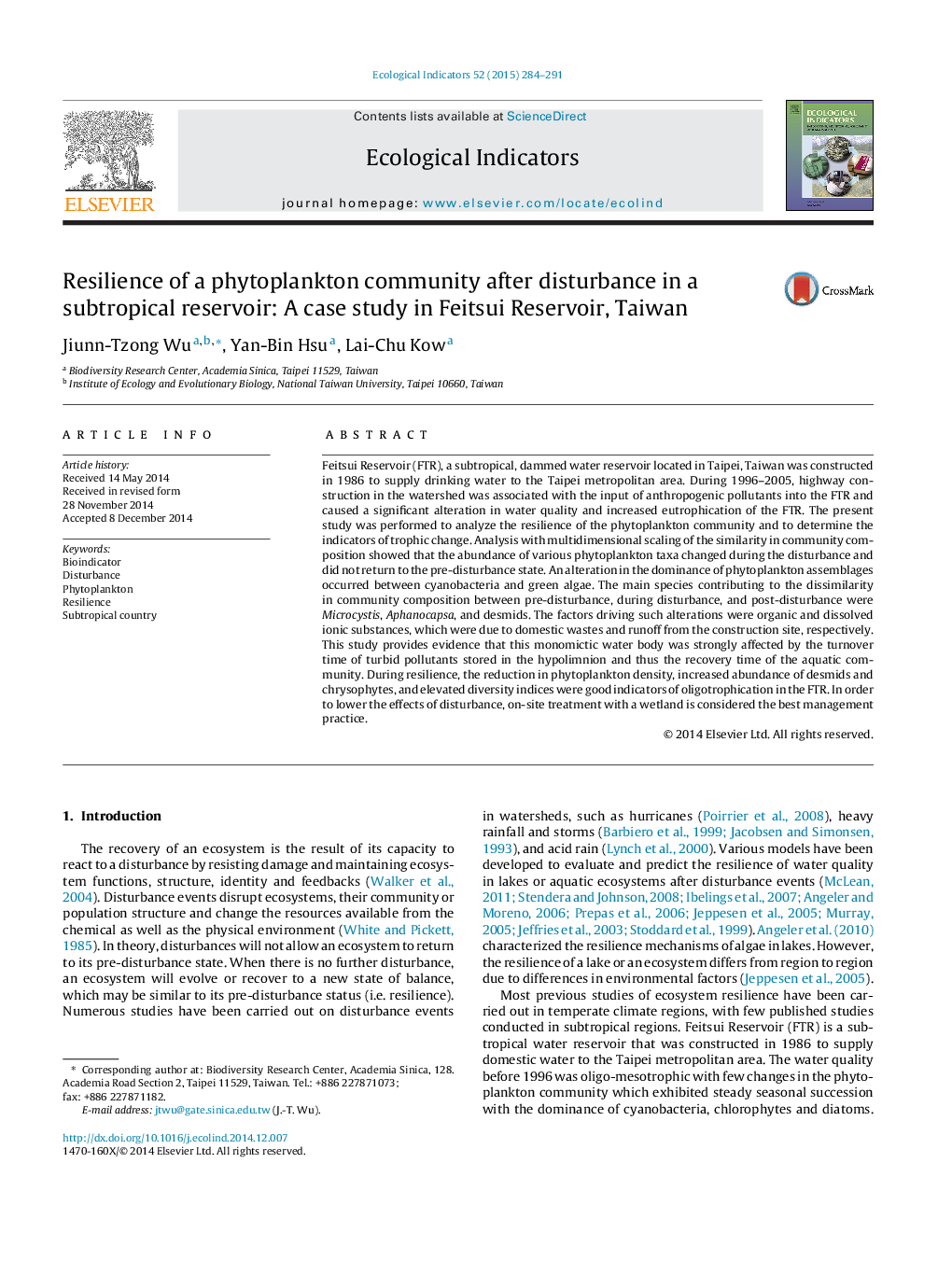 Resilience of a phytoplankton community after disturbance in a subtropical reservoir: A case study in Feitsui Reservoir, Taiwan