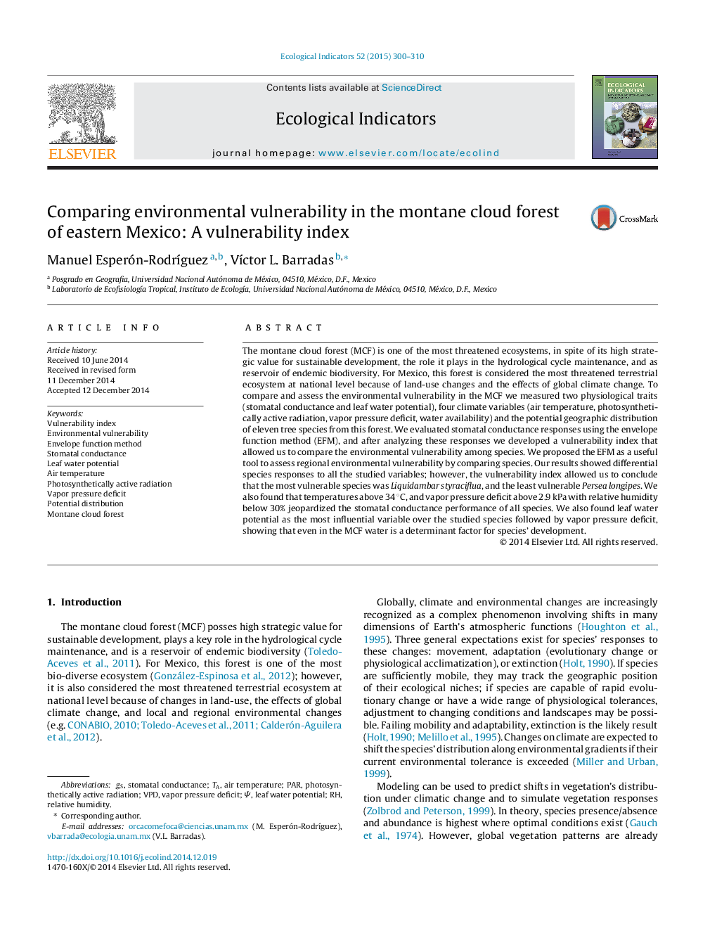 Comparing environmental vulnerability in the montane cloud forest of eastern Mexico: A vulnerability index