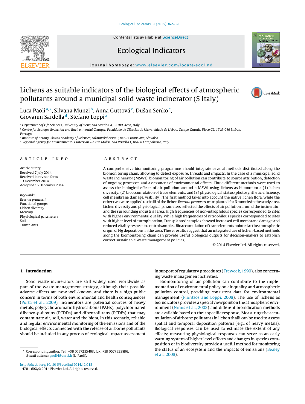 Lichens as suitable indicators of the biological effects of atmospheric pollutants around a municipal solid waste incinerator (S Italy)