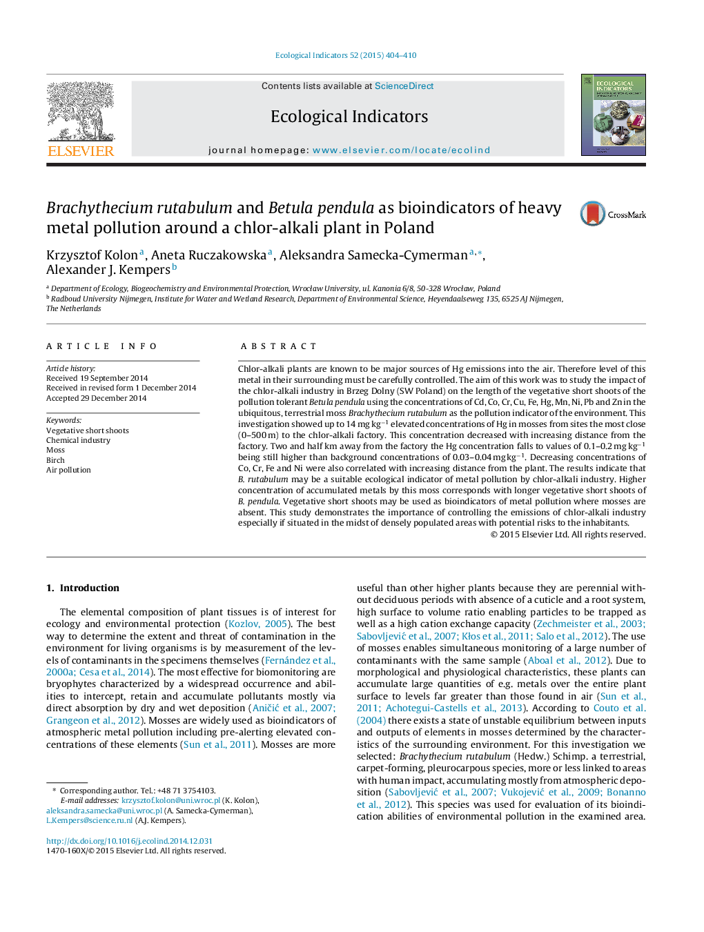 Brachythecium rutabulum and Betula pendula as bioindicators of heavy metal pollution around a chlor-alkali plant in Poland