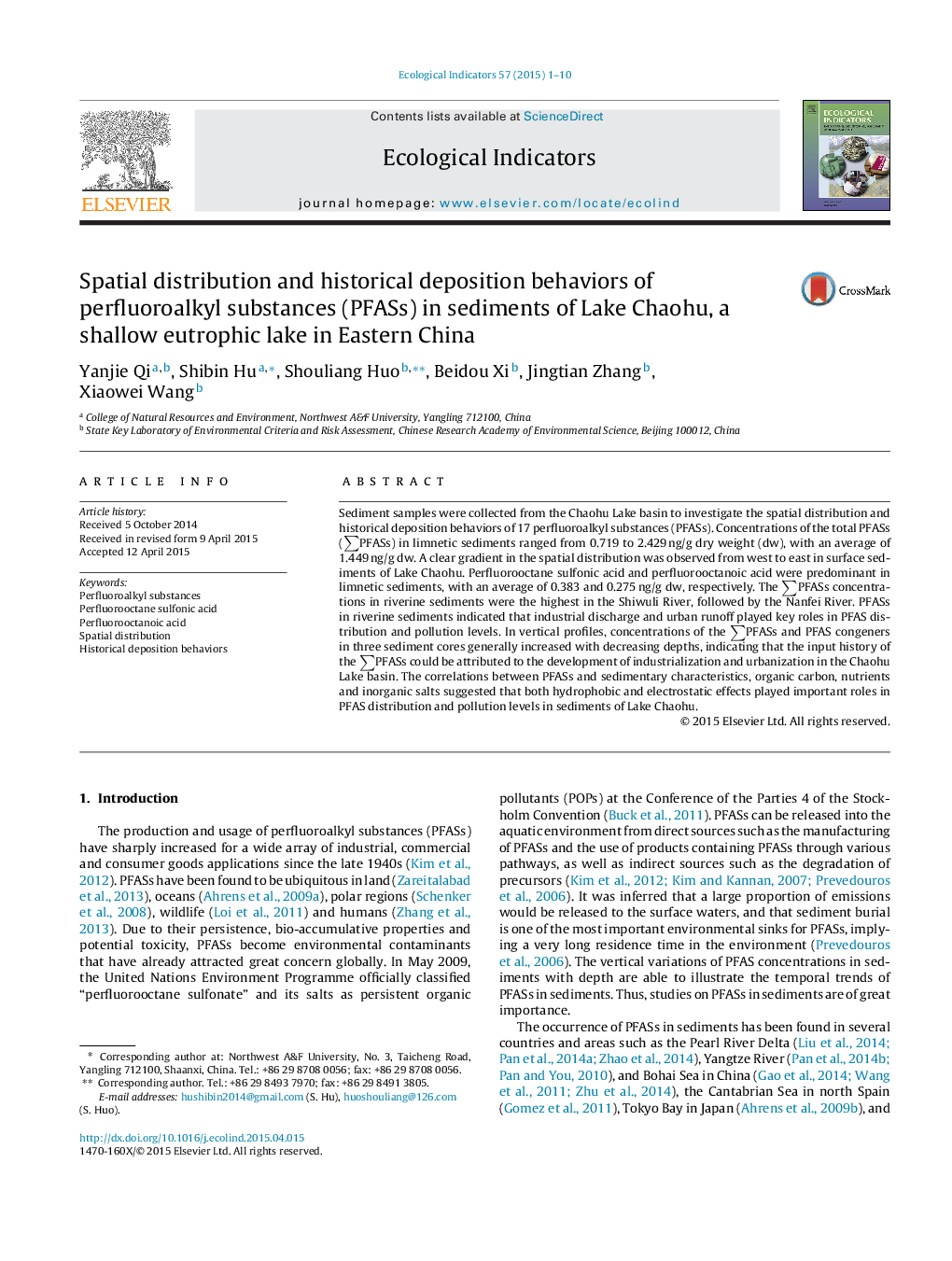 Spatial distribution and historical deposition behaviors of perfluoroalkyl substances (PFASs) in sediments of Lake Chaohu, a shallow eutrophic lake in Eastern China