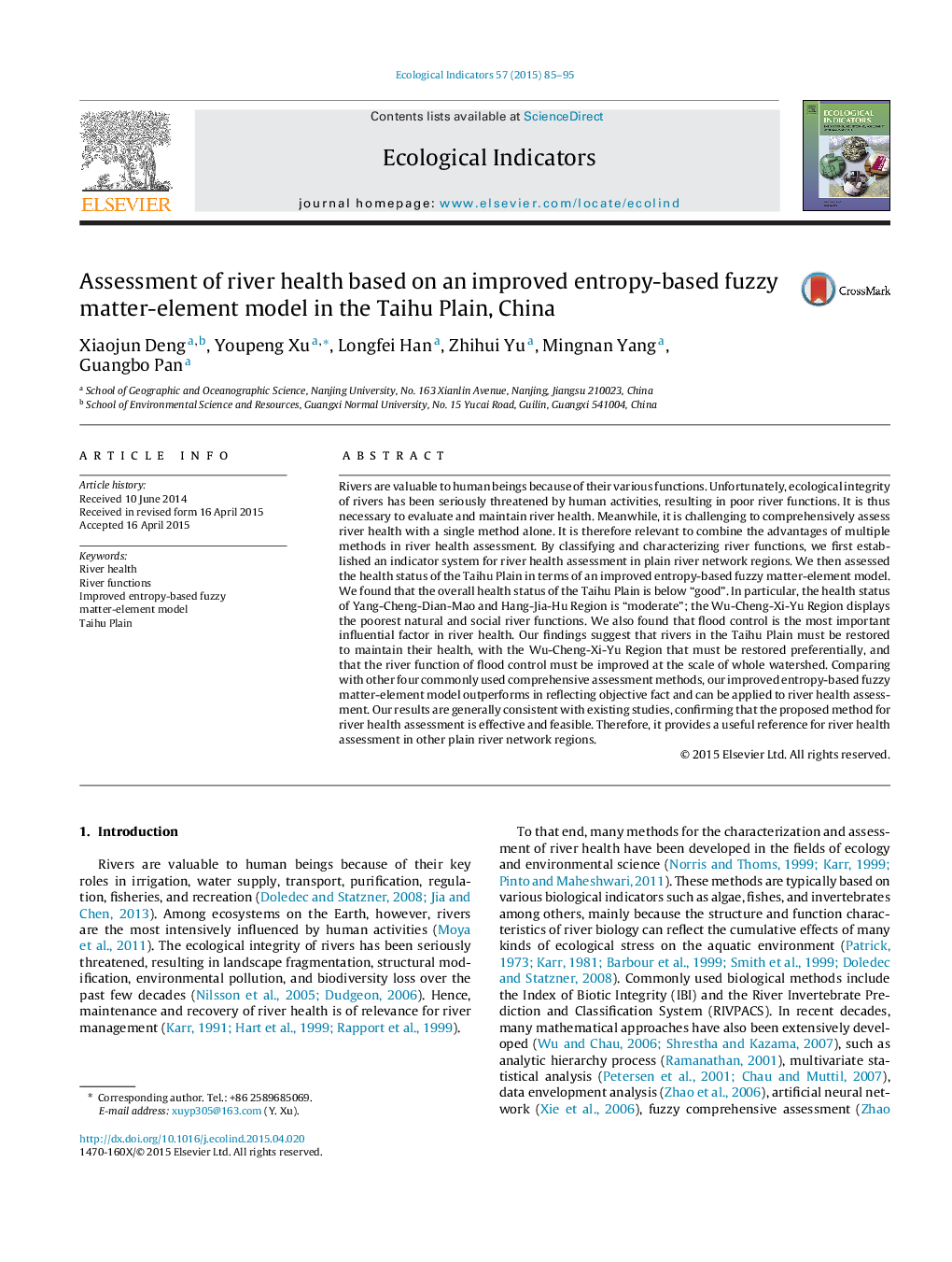 Assessment of river health based on an improved entropy-based fuzzy matter-element model in the Taihu Plain, China