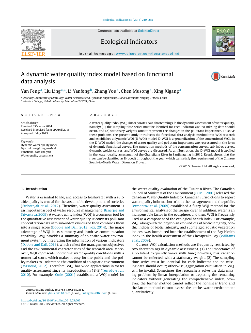 A dynamic water quality index model based on functional data analysis