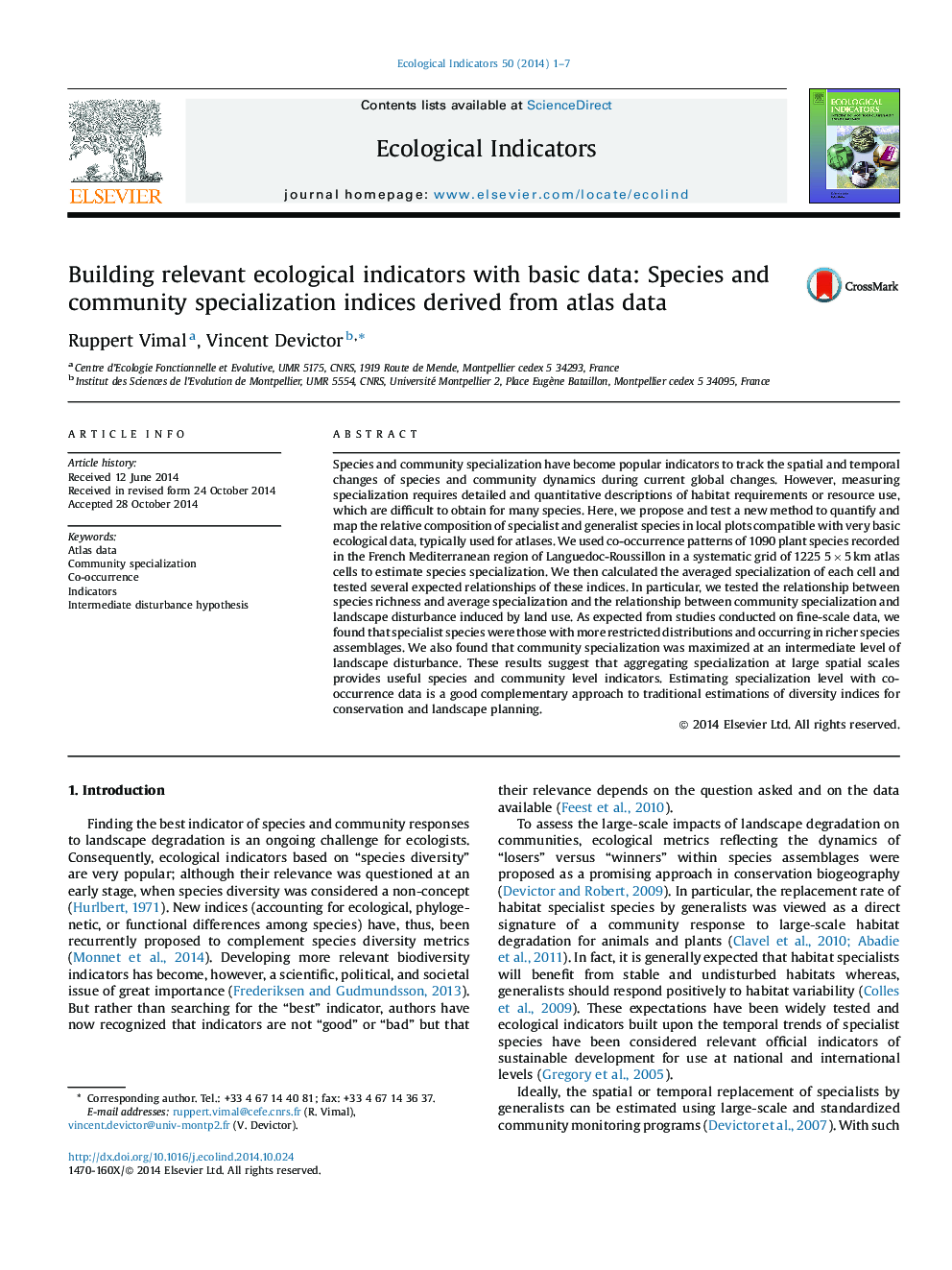 Building relevant ecological indicators with basic data: Species and community specialization indices derived from atlas data