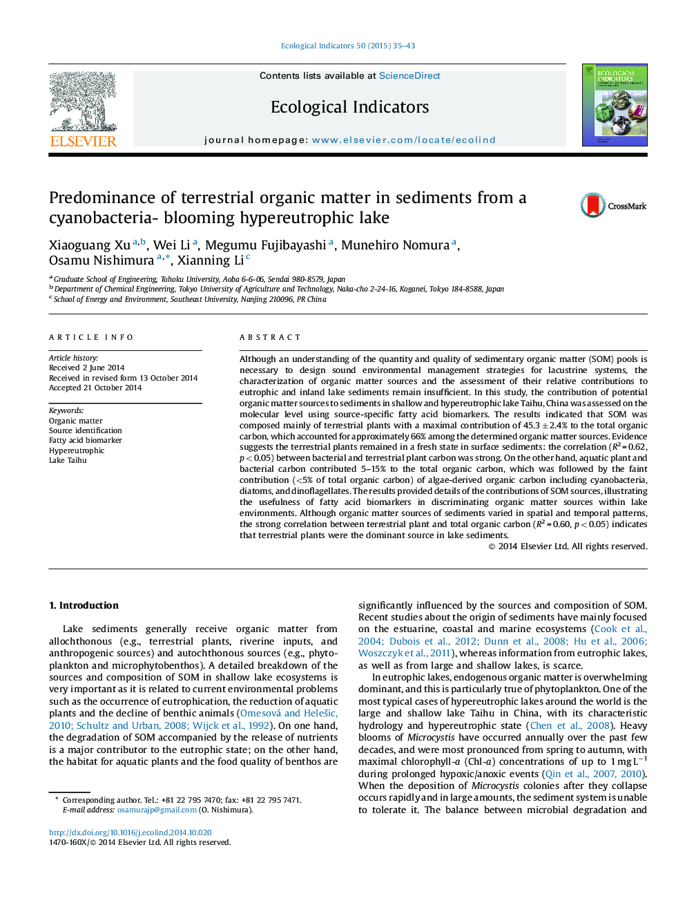 Predominance of terrestrial organic matter in sediments from a cyanobacteria- blooming hypereutrophic lake