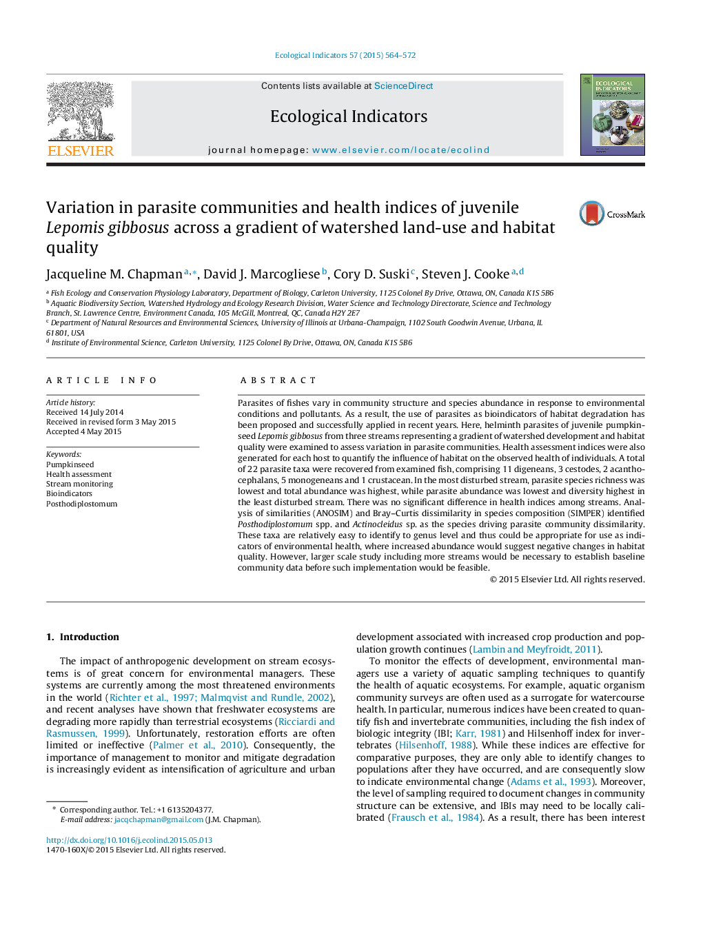 Variation in parasite communities and health indices of juvenile Lepomis gibbosus across a gradient of watershed land-use and habitat quality