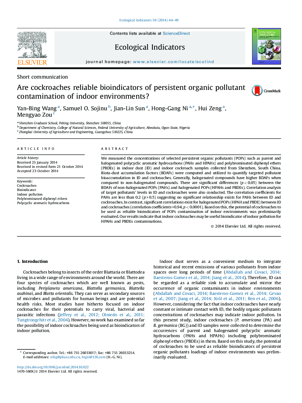 Are cockroaches reliable bioindicators of persistent organic pollutant contamination of indoor environments?