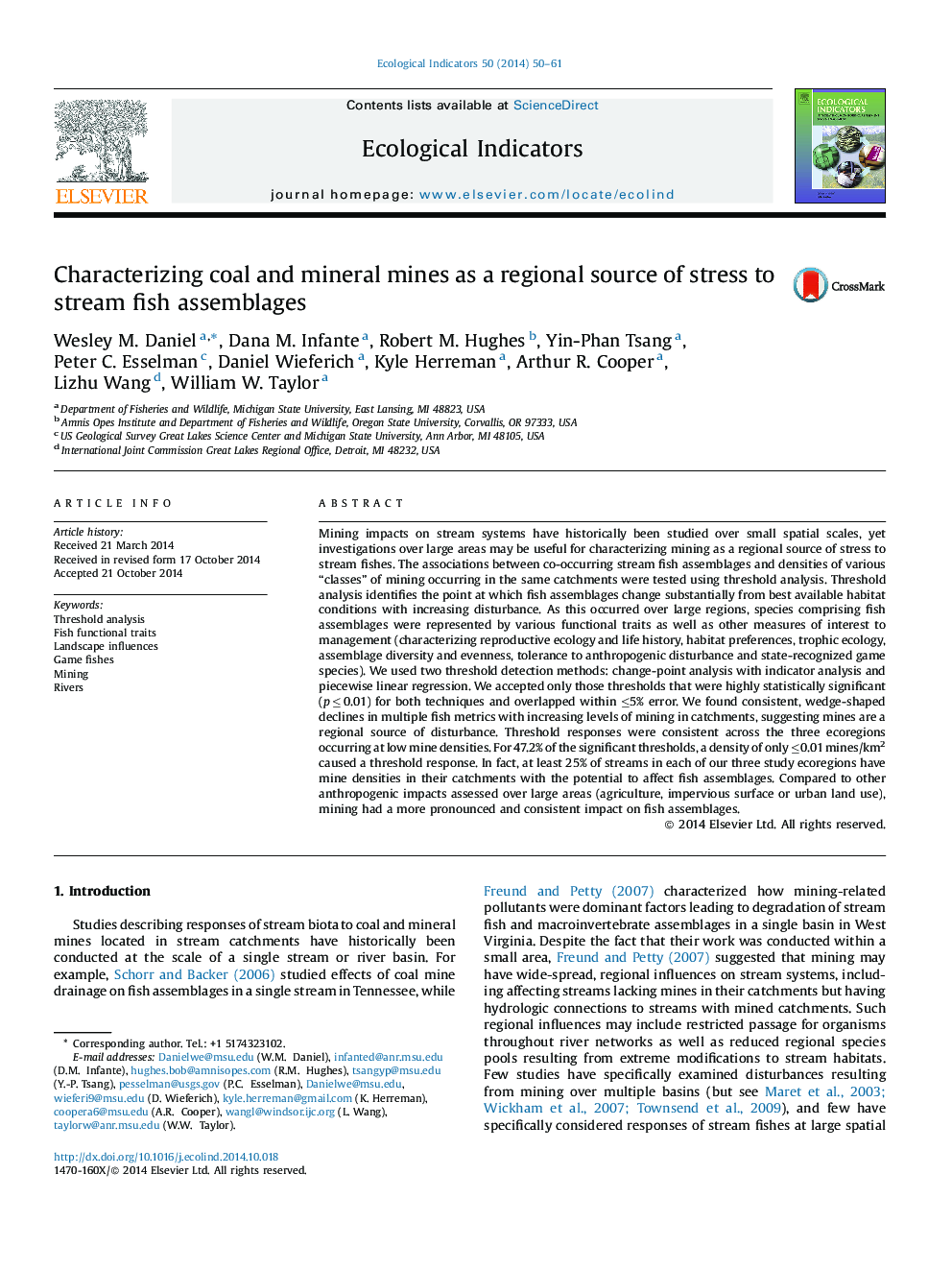 Characterizing coal and mineral mines as a regional source of stress to stream fish assemblages