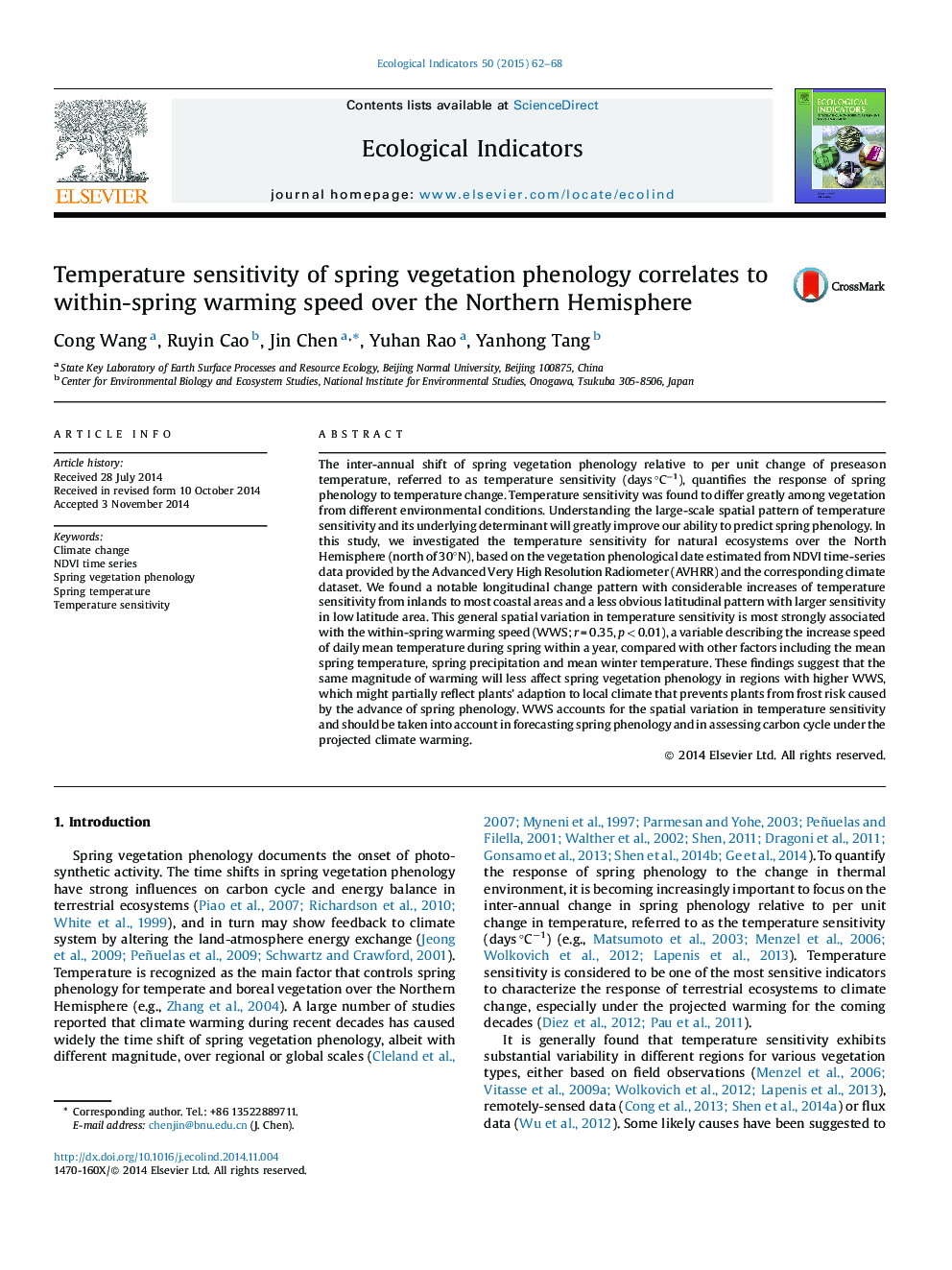 Temperature sensitivity of spring vegetation phenology correlates to within-spring warming speed over the Northern Hemisphere