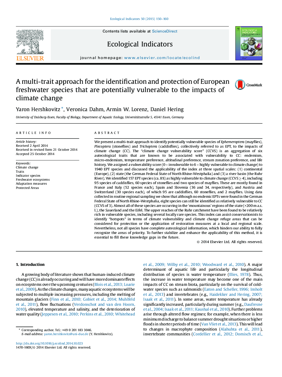 A multi-trait approach for the identification and protection of European freshwater species that are potentially vulnerable to the impacts of climate change