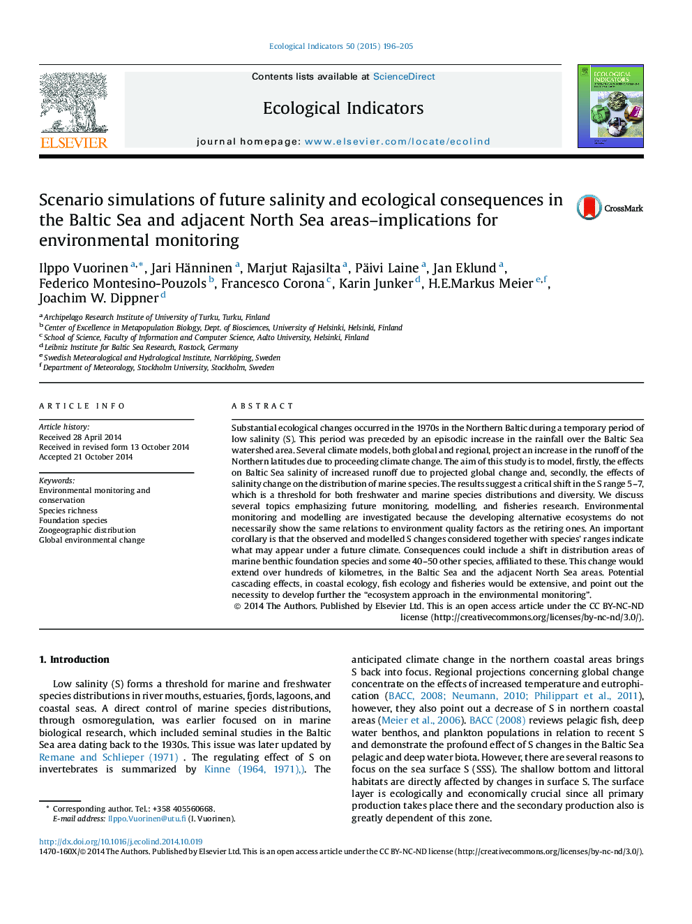 Scenario simulations of future salinity and ecological consequences in the Baltic Sea and adjacent North Sea areas-implications for environmental monitoring