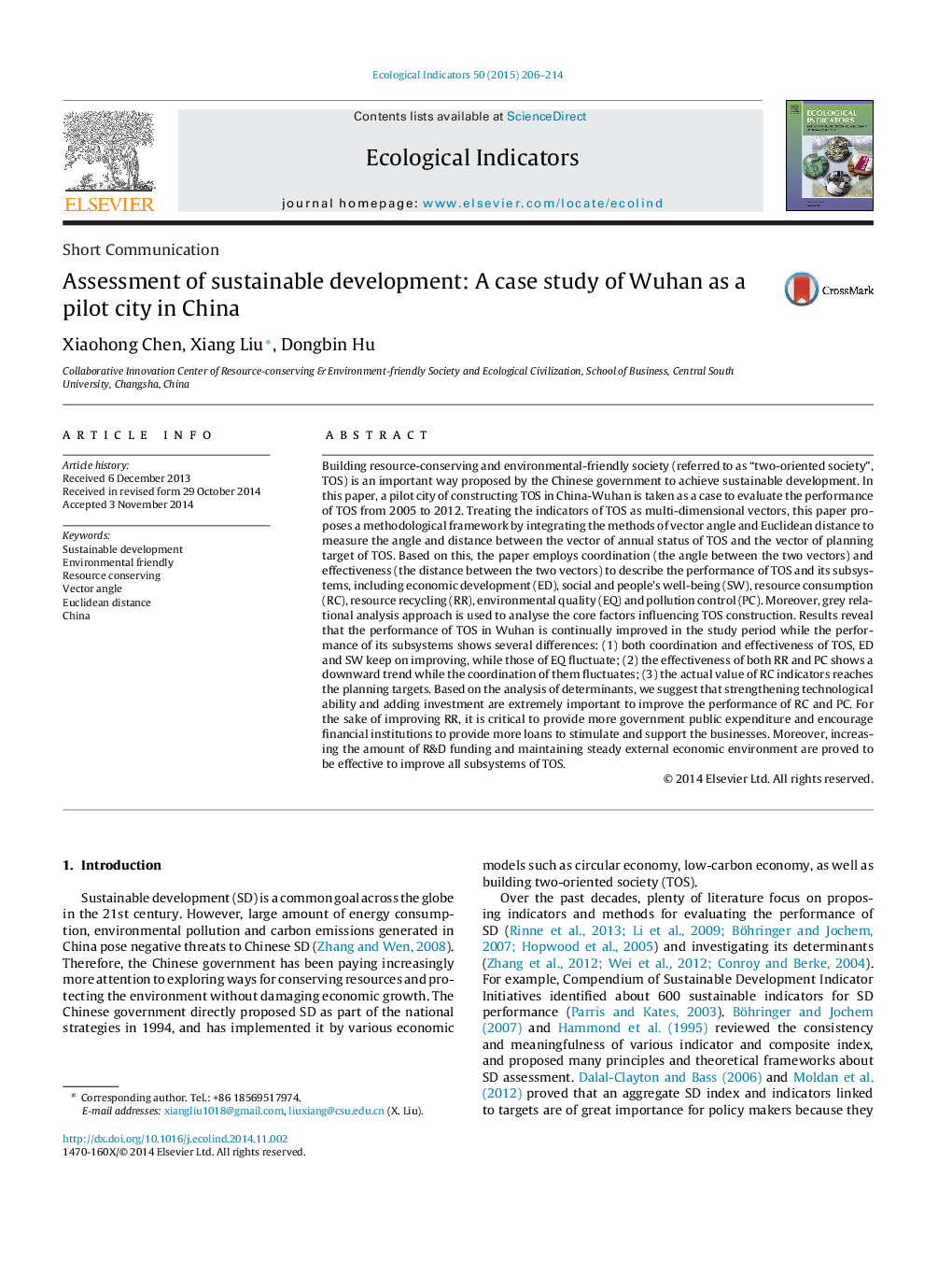 Short CommunicationAssessment of sustainable development: A case study of Wuhan as a pilot city in China