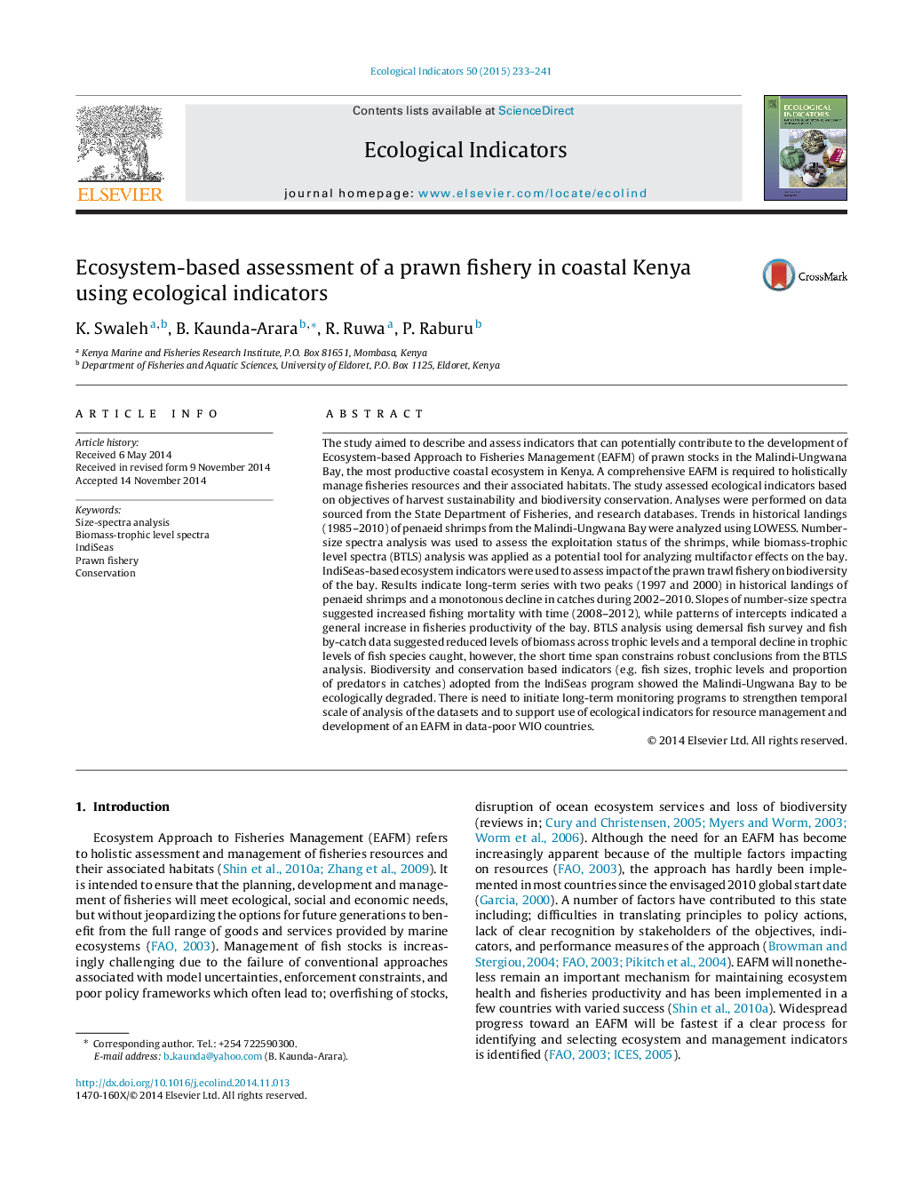 Ecosystem-based assessment of a prawn fishery in coastal Kenya using ecological indicators