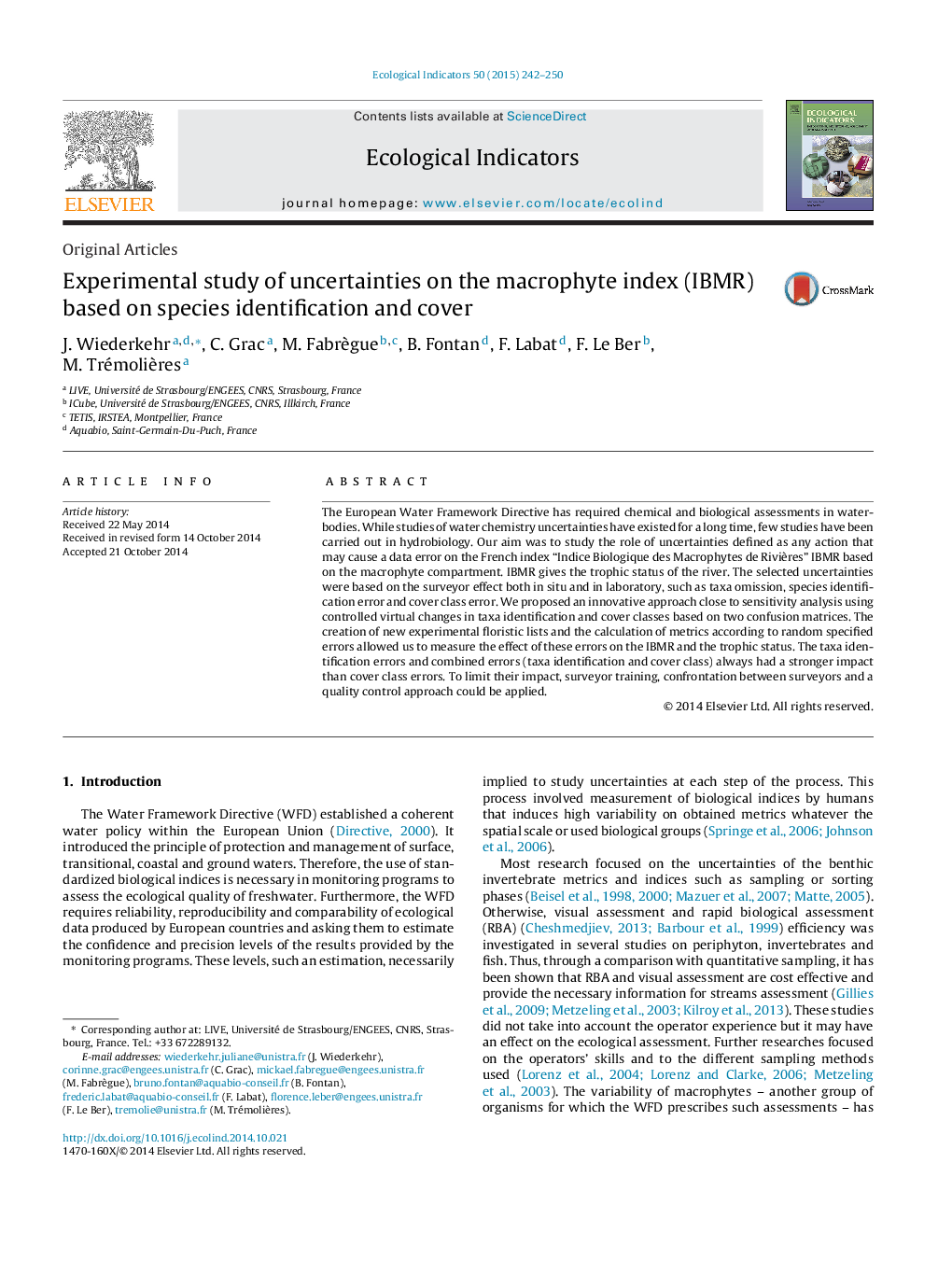 Experimental study of uncertainties on the macrophyte index (IBMR) based on species identification and cover