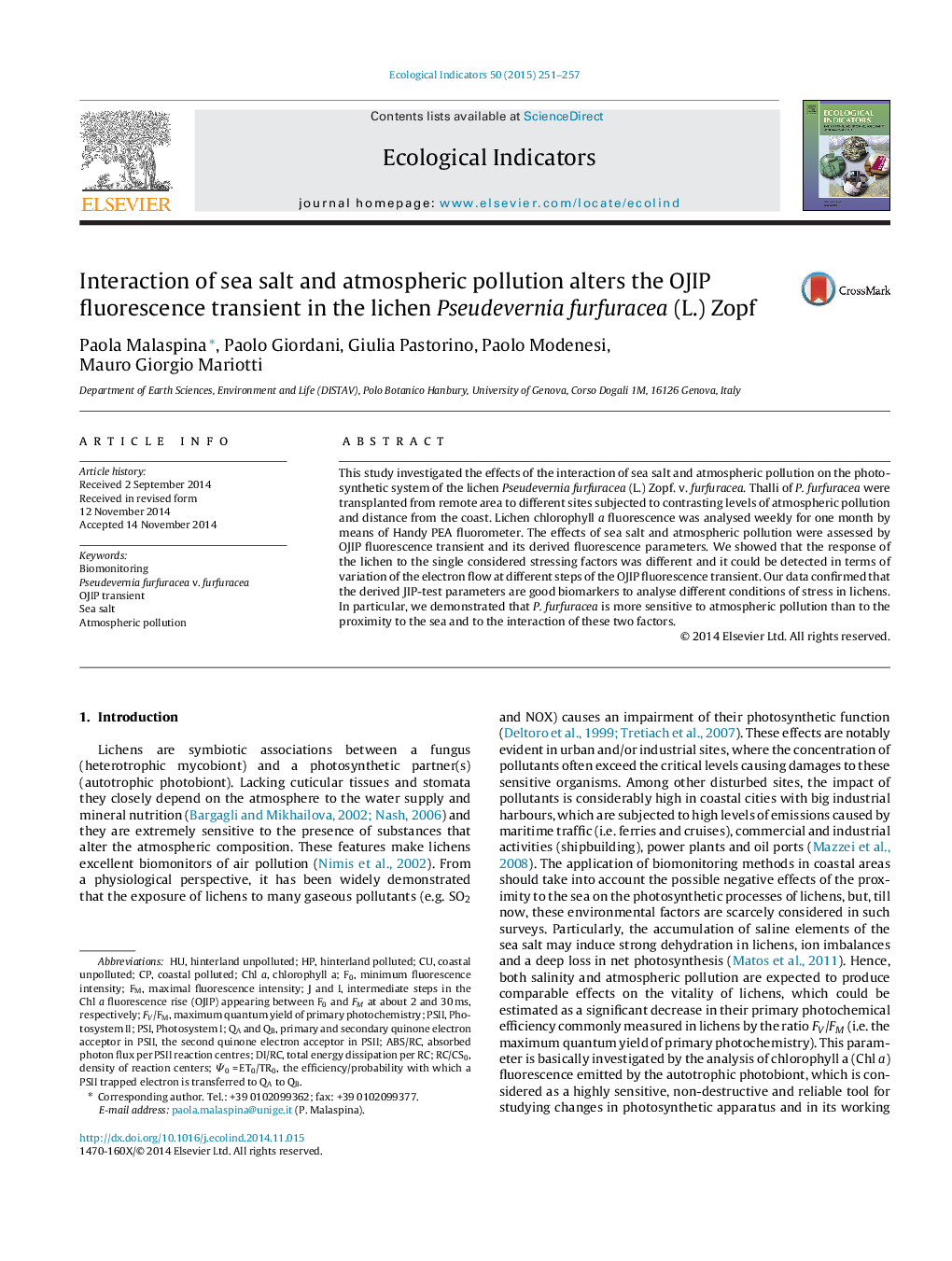 Interaction of sea salt and atmospheric pollution alters the OJIP fluorescence transient in the lichen Pseudevernia furfuracea (L.) Zopf